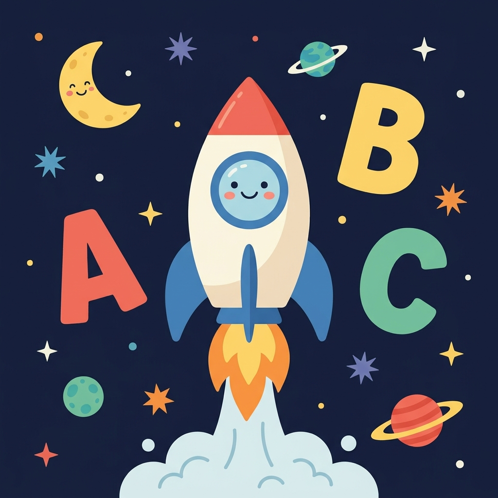Cartoon rocket blasting off surrounded by letters
